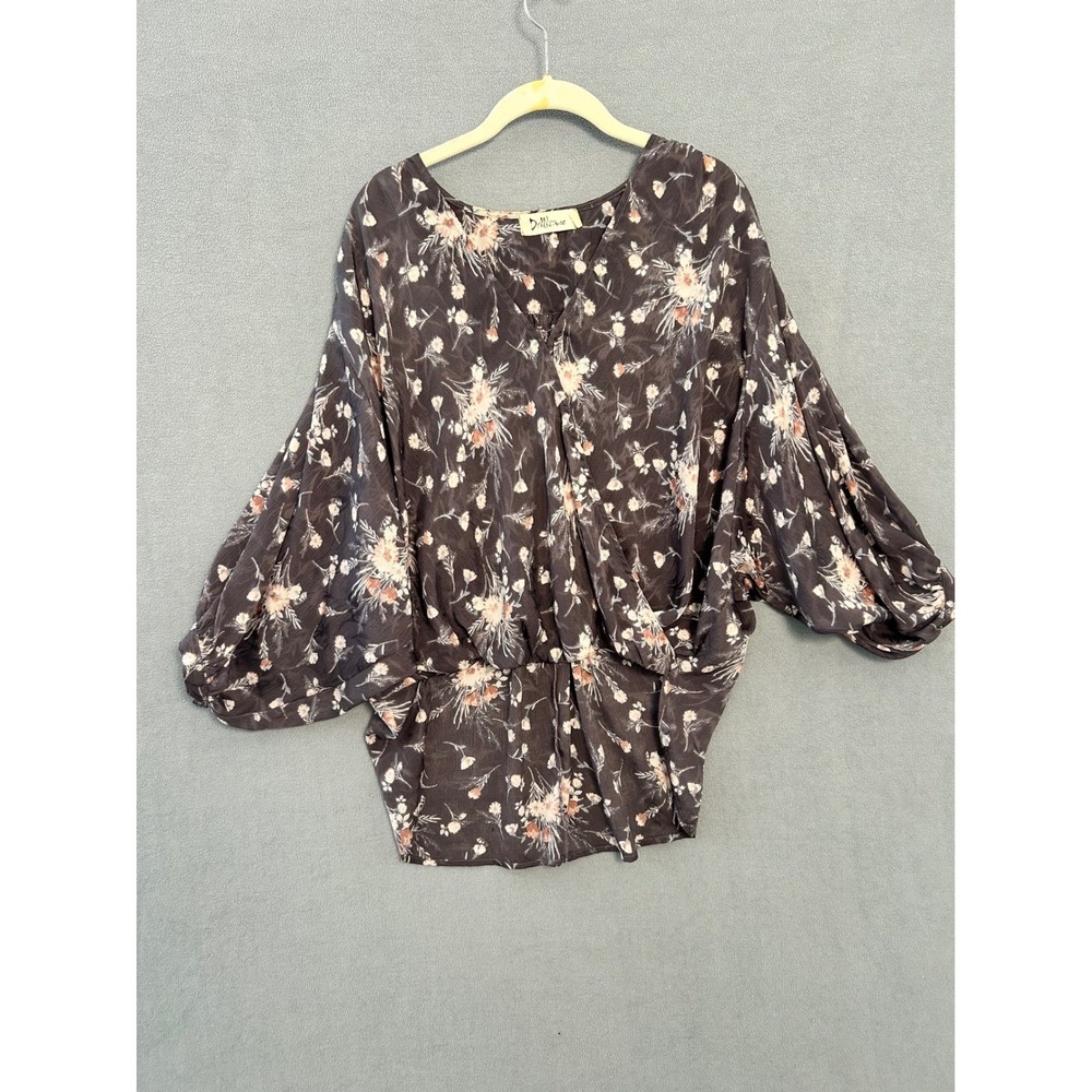 Dollhouse Floral Surplice Blouse Charcoal Grey V-Neck Balloon Sleeve Top L12619W